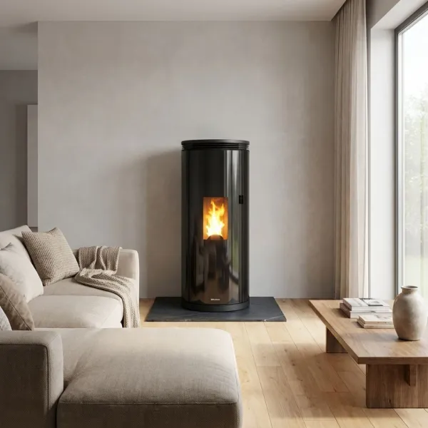 Poêle à granulés cylindrique noir avec vitre panoramique allumé dans un salon moderne