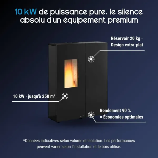 Poêle à granulés Sharon Plus steel 10 kW noir extra-plat avec réservoir 20 kg et rendement 90%