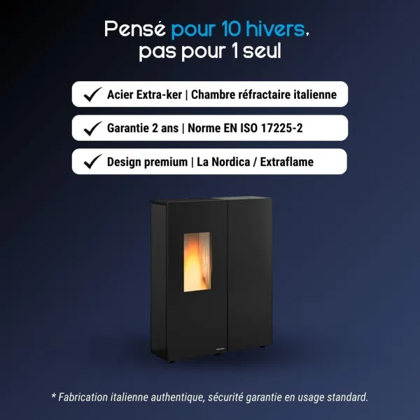 Poêle à granulés Sharon Plus steel 10 kW design acier noir avec chambre réfractaire italienne