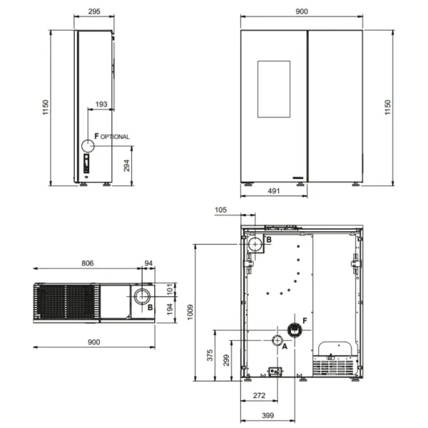 Plan technique et dimensions du poêle à granulés Sharon Plus steel 10 kW avec raccordements