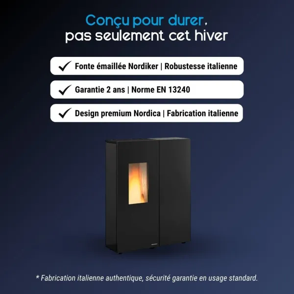 Poêle à bois Nordica Concita 2.0 en acier noir design italien avec fonte émaillée Nordiker 11,8 kW