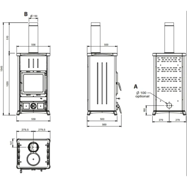 Schéma technique et dimensions du poêle à bois Nordica Concita 2.0 Steel avec sortie fumée 150 mm