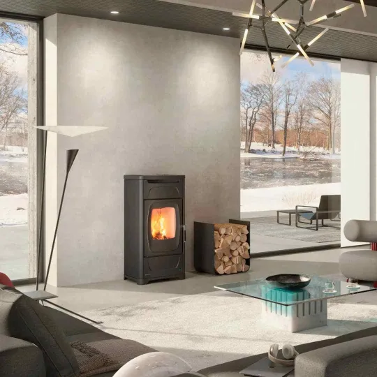 Poêle à bois 9,3 kW Larissa.16 vue latérale finition acier