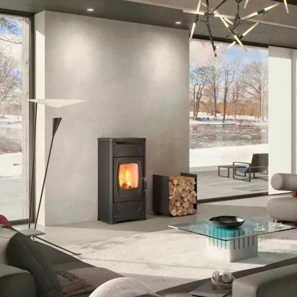 Poêle à bois 9,3 kW Larissa.16 vue latérale finition acier
