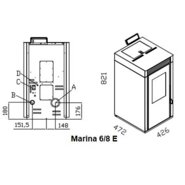 Schéma technique avec dimensions du poêle à granulés étanche Marina 6 de 7 kW