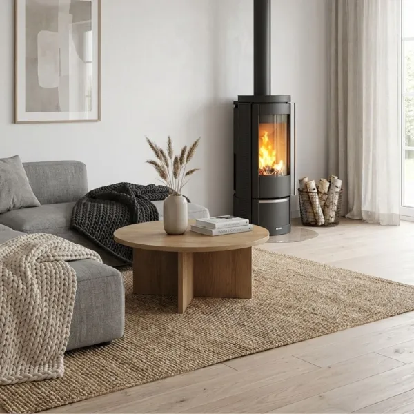 Poêle à bois Marlena.16 7,5 kW installé dans un salon contemporain