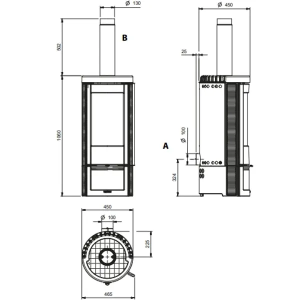 Schéma technique avec dimensions du poêle à bois en fonte Marlena.16 7,5 kW