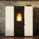 Poêle à granulés design moderne Linea VZ 8 kW blanc installé devant un mur en pierre