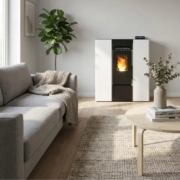Poêle à granulés design moderne Linea VZ 8 kW blanc installé dans un salon contemporain