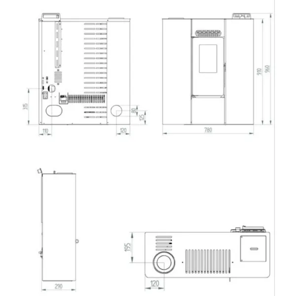 Schéma technique avec dimensions du poêle à granulés design moderne Linea VZ 8 kW