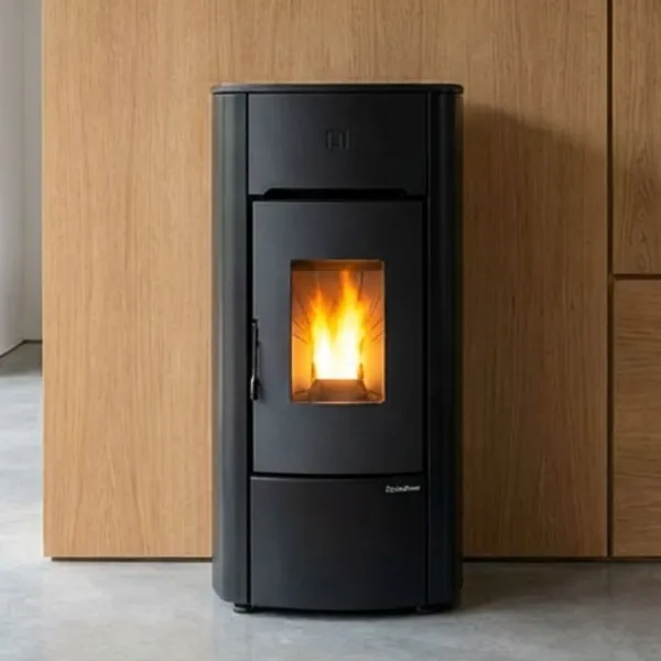 Poêle à granulés ventilé Mariella 7 kW noir Extraflame installé dans un salon moderne