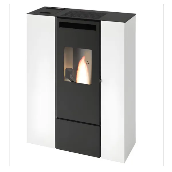 Poêle à granulés compact Pia Can Up Eva Calor 11 kW blanc sur fond blanc