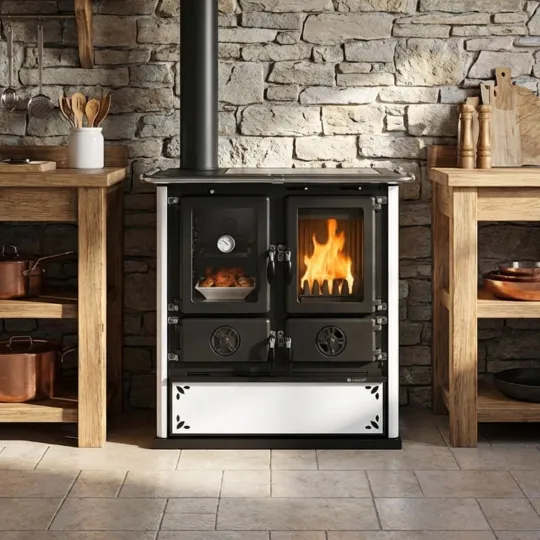 Cuisinière à bois Rosetta Sinistra 5.0 7,9 kW steel installation cuisine rustique
