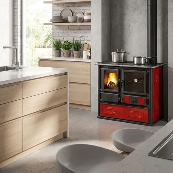 Cuisinière à bois Rosa 5.0 installation cuisine moderne bois clair