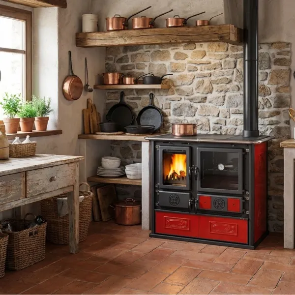 Cuisinière à bois 8,8 kW Rosa 5.0 version rouge en situation