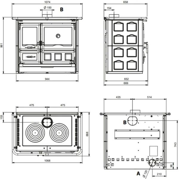Cuisinière à bois 8,8 kW Rosa 5.0 schéma technique dimensions