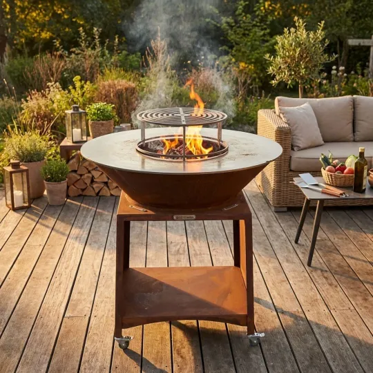 Brasero plancha corten 100 cm Brasinox Fiesta installation terrasse extérieure