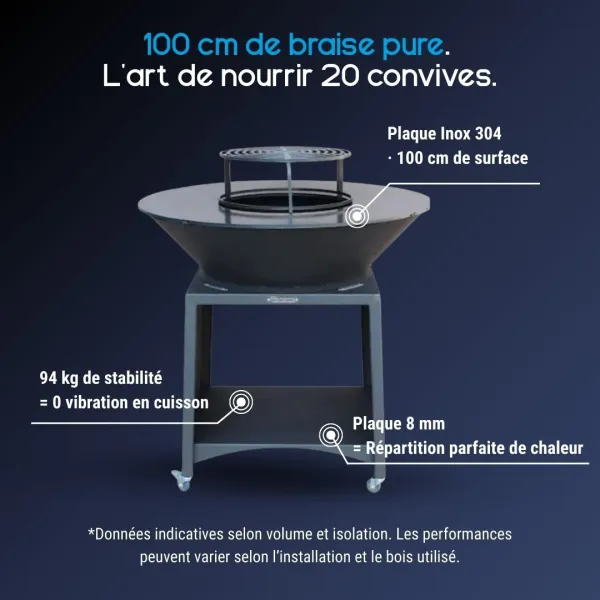 Brasero barbecue plancha Ø100 cm en inox avec support noir