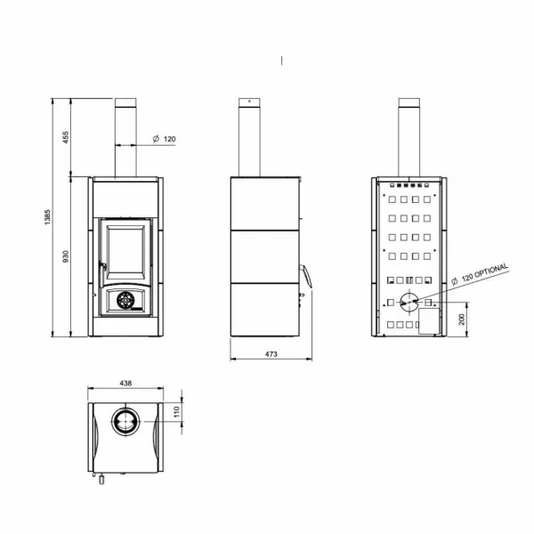 Poêle à bois 7 kW Asia 5.0 schéma technique dimensions