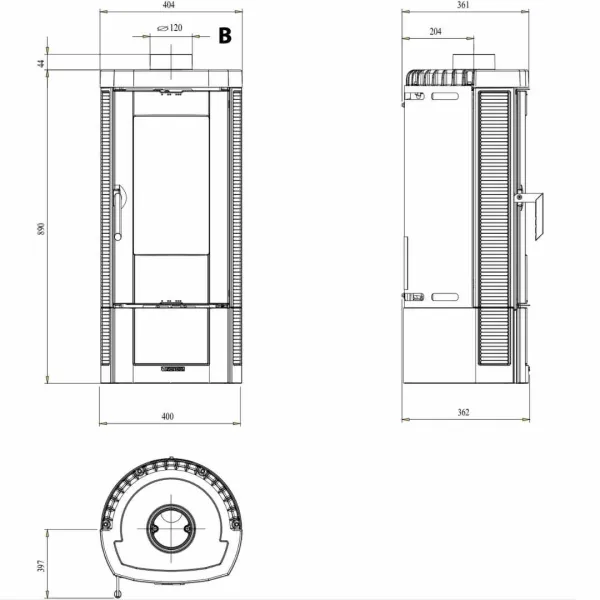 Poêle à bois Candy Lean 6.6 kW schéma technique dimensions et coupe
