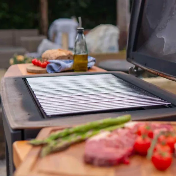 Grille de cuisson du barbecue à bois Hestia 600 Heat & Grill avec viande et légumes