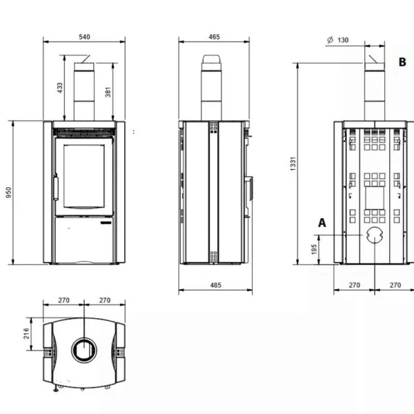Schéma technique du Poêle à Bois en Pierre ESTER 5.0 avec dimensions