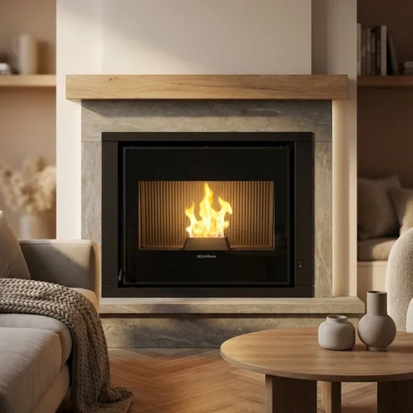 Insert à pellets Comfort P70 Air H49 8 kW intégré dans un salon chaleureux