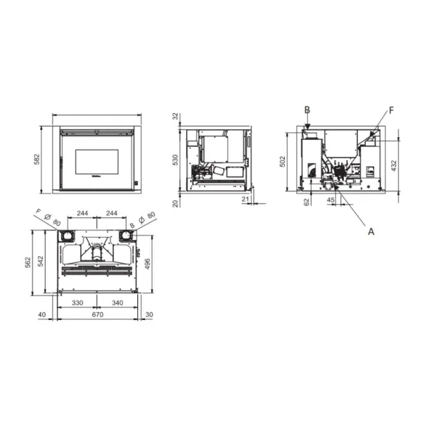 Schéma technique avec dimensions de l’insert à granulés canalisable Comfort P70 Air Plus 10 kW