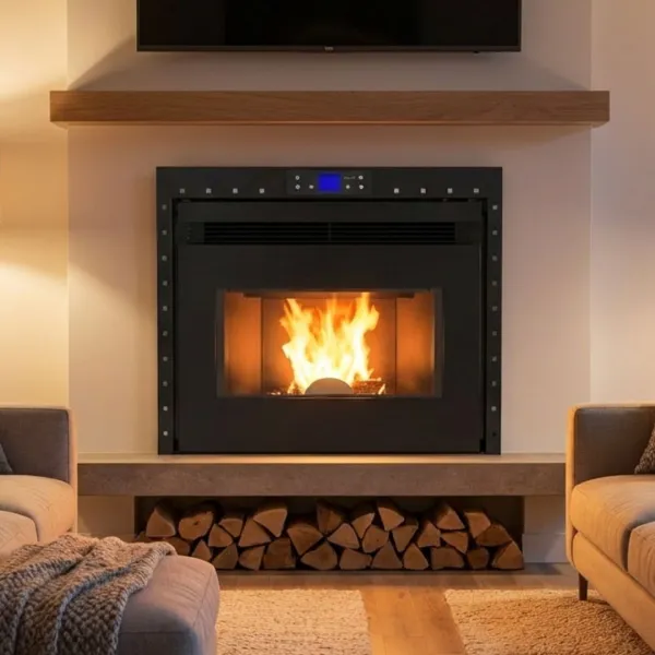 Insert à granulés encastrable Firebox Linea VZ 10 kW avec flamme visible dans cheminée moderne