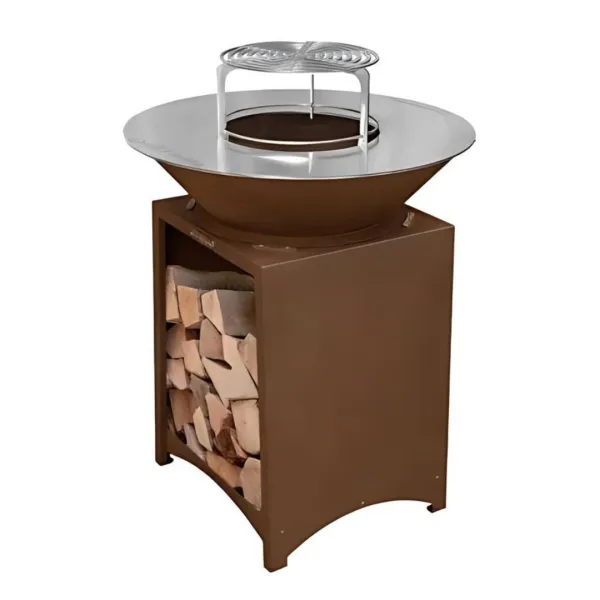 Brasero plancha bois Brasinox Fiesta Ø75 cm en acier Corten sur fond blanc