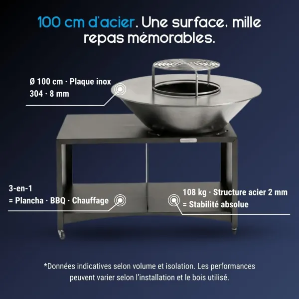 Caractéristiques du brasero plancha extérieur Brasinox Fiesta 100 cm avec fonction barbecue et chauffage