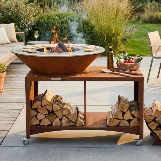 Brasero plancha XXL Fiesta 100 cm en acier Corten installé sur une terrasse avec rangement à bûches