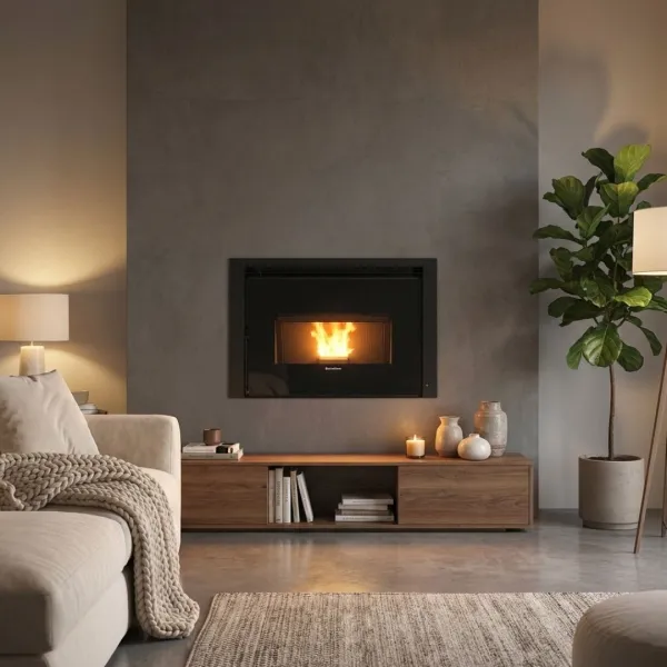 Insert à granulés Comfort P85 12 kW installé dans un salon contemporain