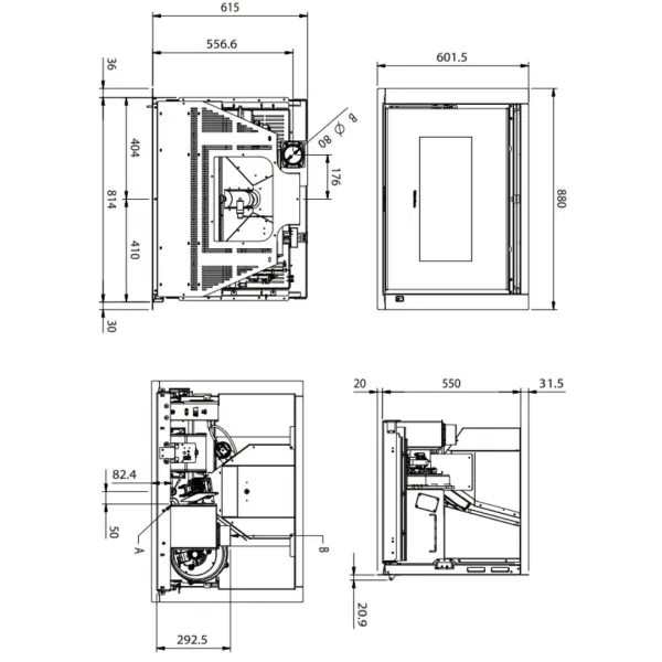 Schéma technique avec dimensions de l’insert cheminée à granulés Comfort P85 12 kW