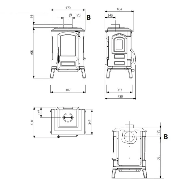 Schéma technique du poêle à bois en fonte émaillée GIULIETTA.165 6,5 kW