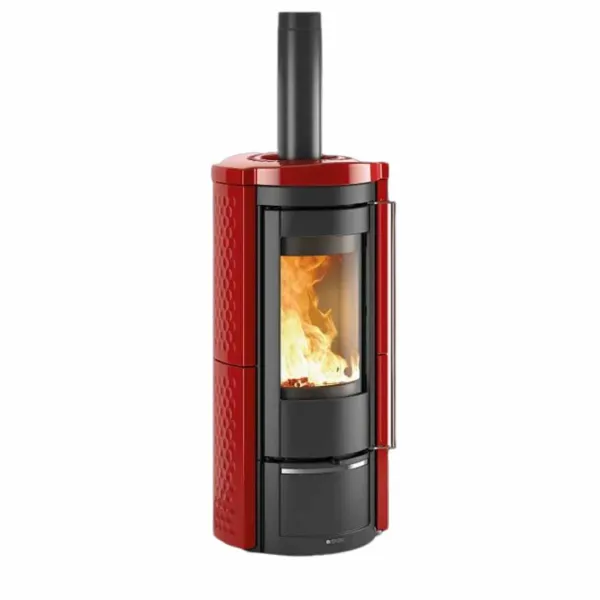 Poêle À Bois Rond LIÙ.16 7,5 kW Rouge En Faïence Vue De Face