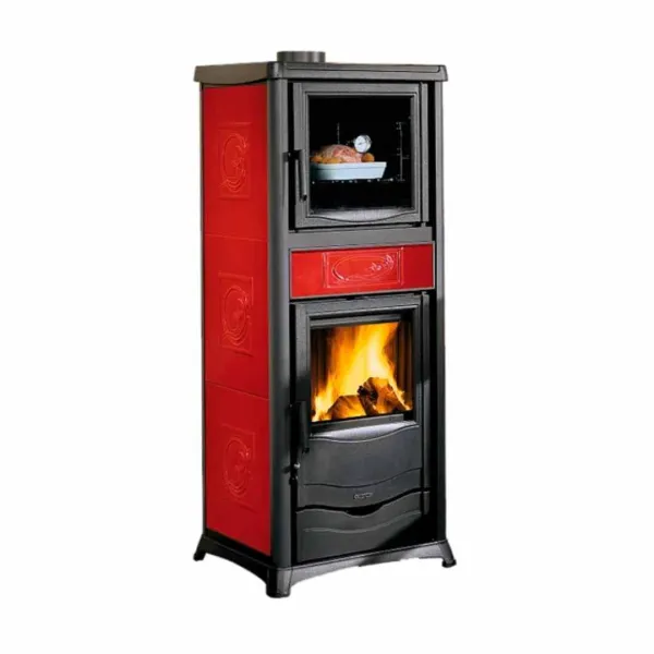 Poêle À Bois Avec Four Rossella Plus Forno.165 Ceramica Rouge Vue De Face