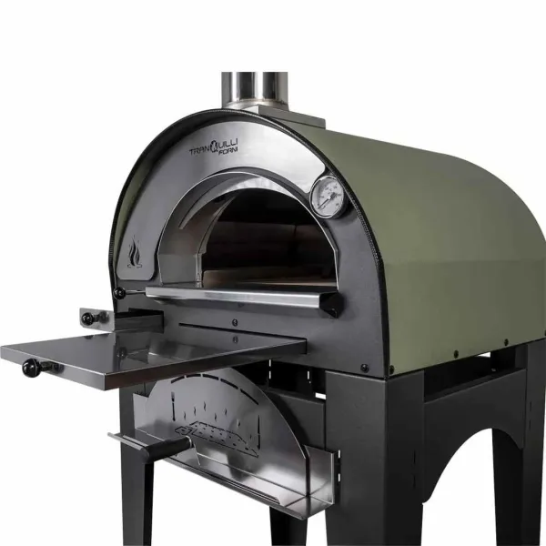 Four à pizza bois Arde Baby vert avec chambre de cuisson ouverte