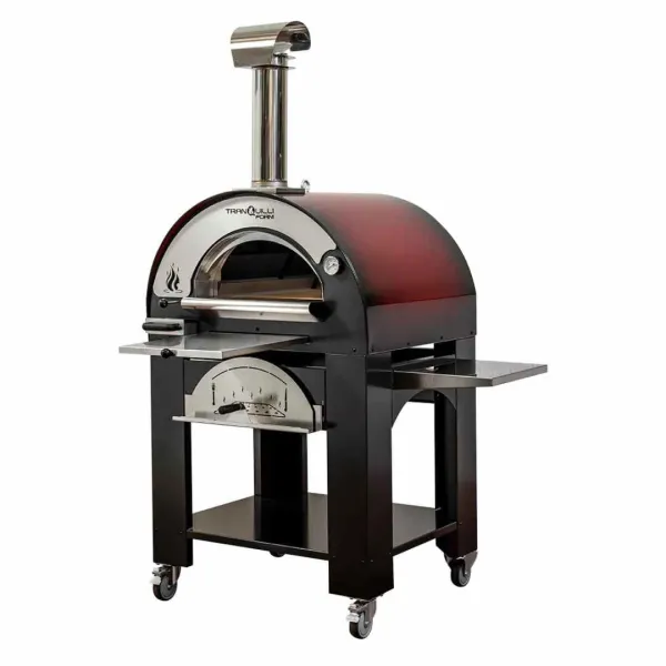 Four à bois pour pizza Arde Medium rouge avec porte ouverte et chariot sur roulettes