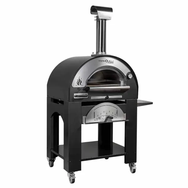 Four à bois pour pizza Arde Medium noir vu de face avec support mobile