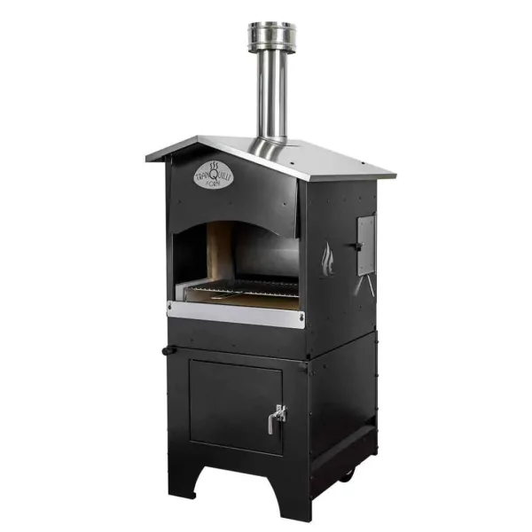 Barbecue à bois noir avec cheminée, chambre de cuisson et compartiment de rangement