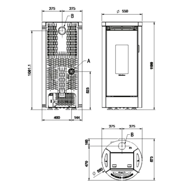 Schéma technique avec dimensions du poêle à granulés étanche Debby Evo 9 kW