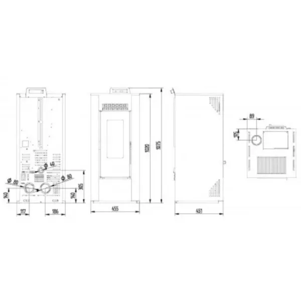 Schéma technique avec dimensions du poêle à pellets étanche Maxifree Linea VZ 10 kW