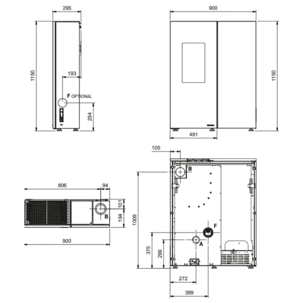 Schéma technique avec dimensions du poêle à granulés extra plat Sharon Plus 10 kW