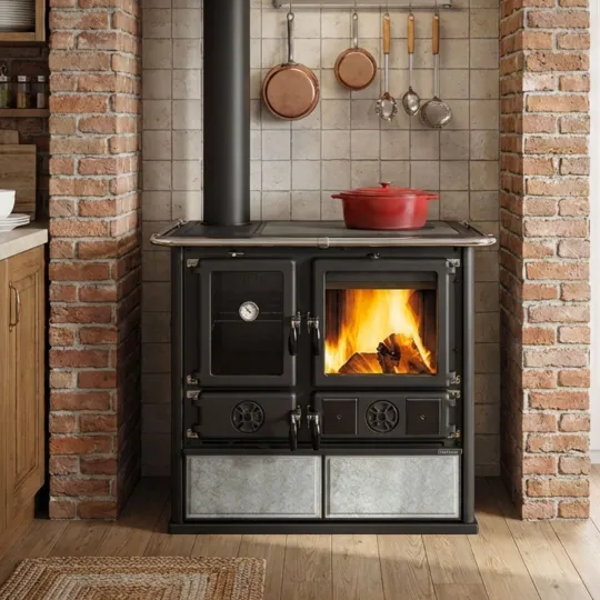 Cuisinière à bois La Nordica Rosa Sinistra Reverse 8 kW installée dans une cuisine rustique