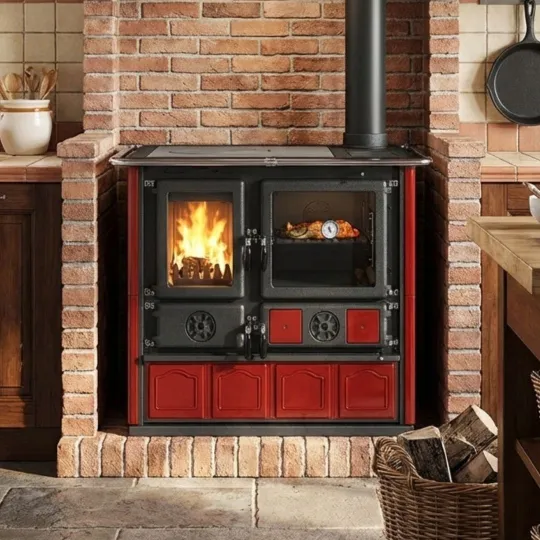 Cuisinière à bois Rosa.16 Maiolica 8,8 kW rouge installée dans une cuisine rustique