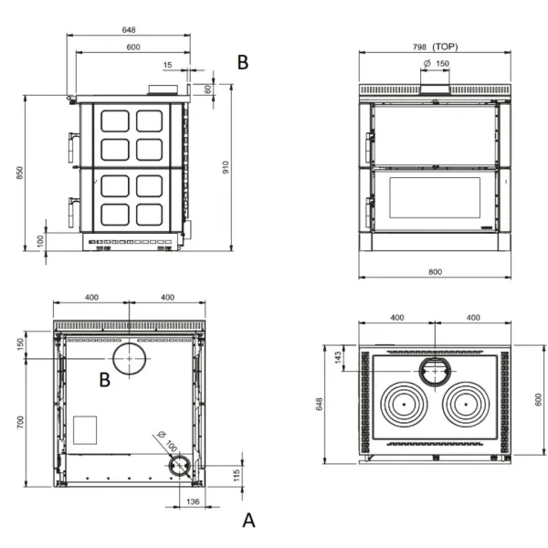 Dimensions cuisinière à bois Verona XXL.16 800 x 850 x 600 mm La Nordica Extraflame