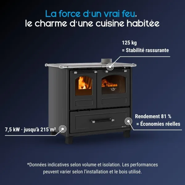 Caractéristiques de la cuisinière à bois en fonte Family noire de 7,5 kW