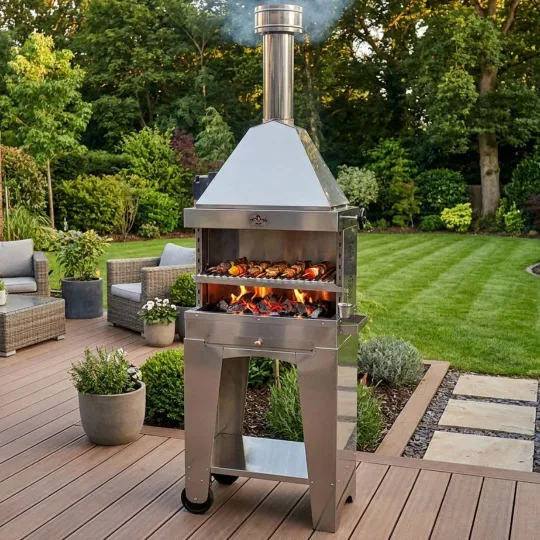 Barbecue au charbon Foxy en inox avec hotte intégrée, installé dans un jardin aménagé avec terrasse
