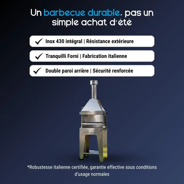 Présentation des caractéristiques du barbecue Foxy en inox 430 avec double paroi et sécurité renforcée